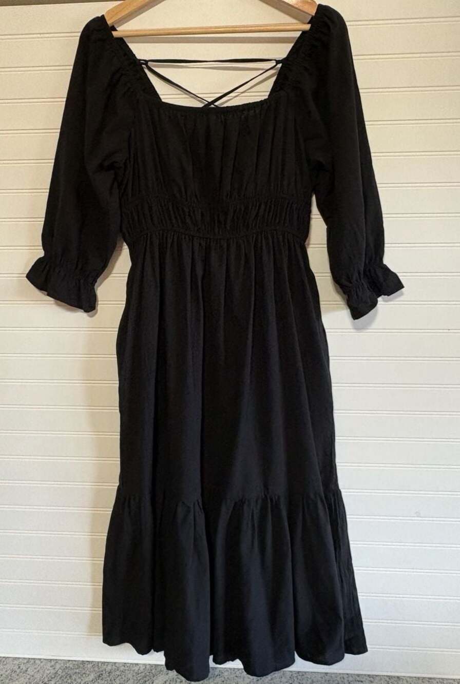 Elloh Black Lace-Up Back Tiered Midi Dress whimsygoth Size S